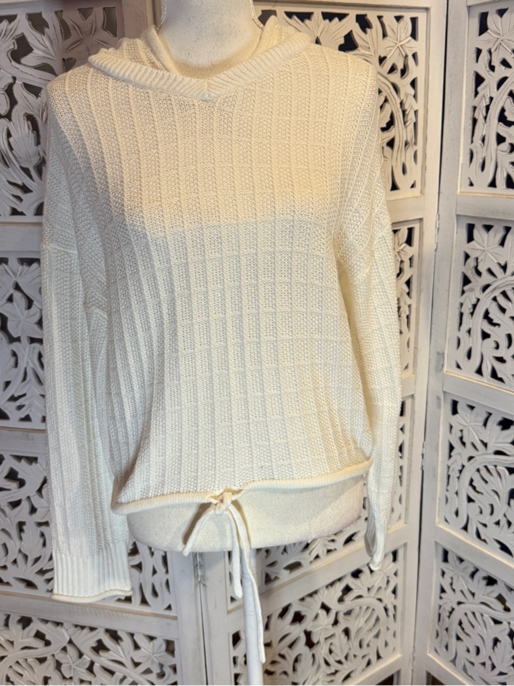 NWT Future Collective Cozy Cream Hooded Ribbed Drawstring Sweater Sz M